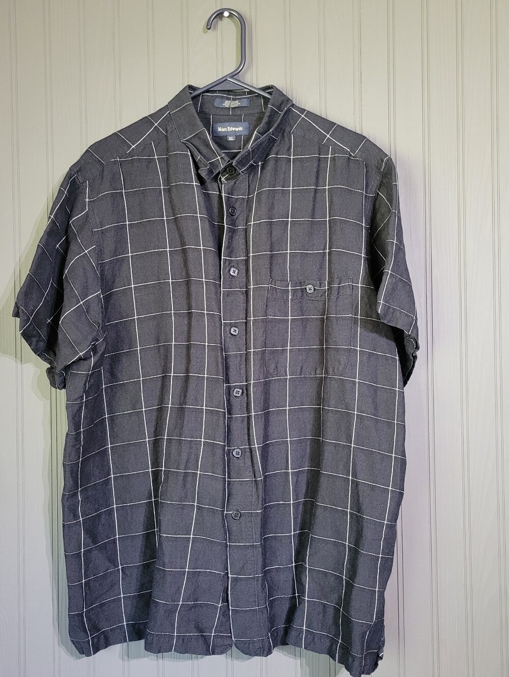 Marc Edwards Short Sleeve Button Down Shirt Collard Linen Plaid Black Men's XL